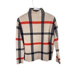 Tahari Womens XS Plaid Mock Neck Sweater Beige W/ Red & Black Accents